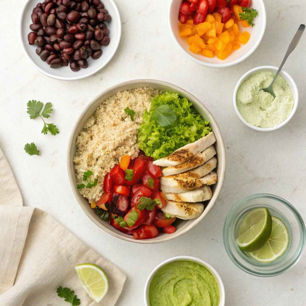 Step-by-step layout of ingredients building a healthy chipotle-style bowl