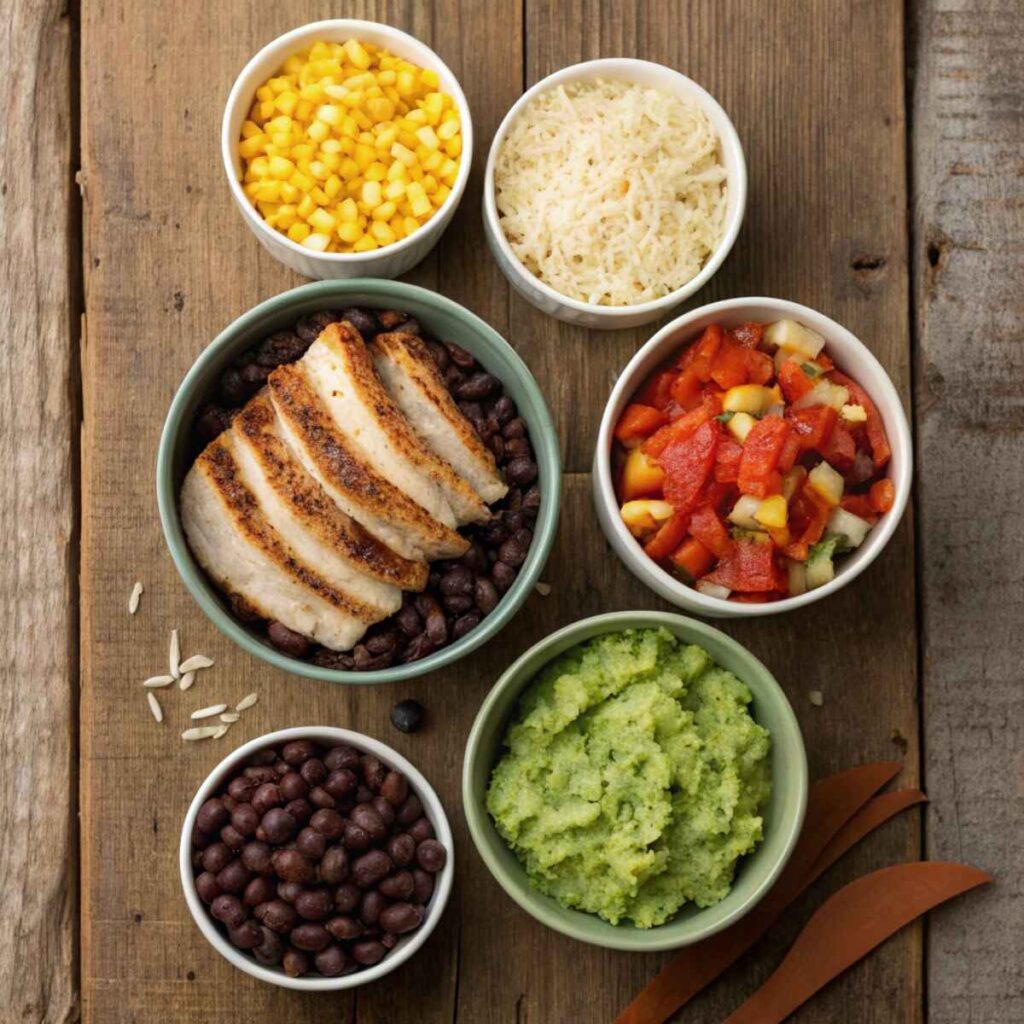 Chicken, beans, rice, salsa, cheese, and guacamole arranged separately on a wooden board