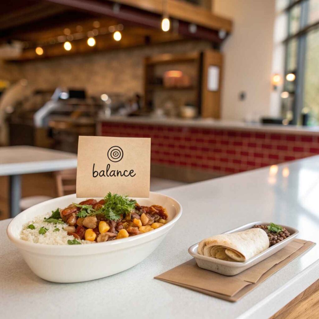 is chipotle healthy – chipotle bowl next to a handwritten note that says balance on a clean table