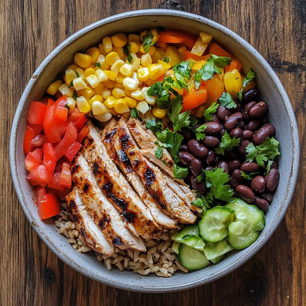 Healthy Chipotle-style meal with grilled chicken, brown rice, black beans, and fresh vegetables served on a wooden table, top-down view