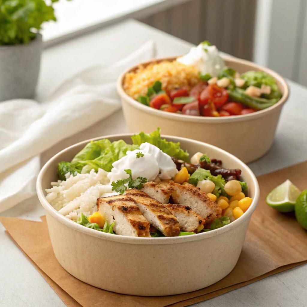 Two chipotle bowls side by side – one light and colorful, one overloaded with cheese and sour cream