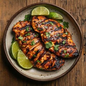 "Grilled Copycat Chipotle Chicken served with lime and cilantro