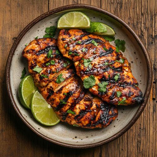 Top-down view of grilled chipotle chicken on a rustic plate with lime wedges and a light sprinkle of cilantro