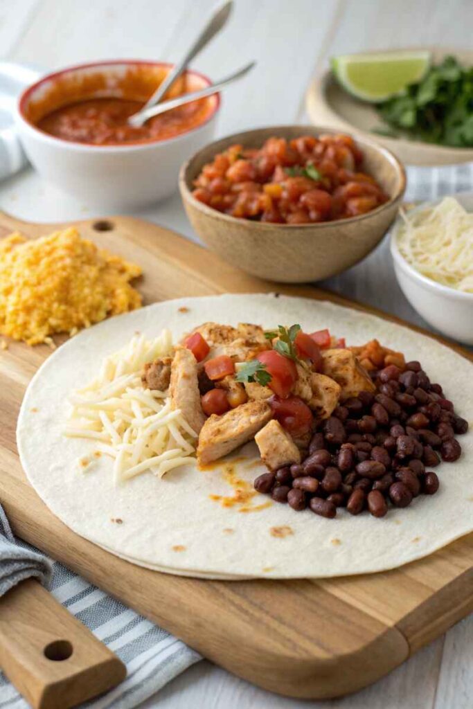 Chicken burrito being wrapped with toppings and cheese