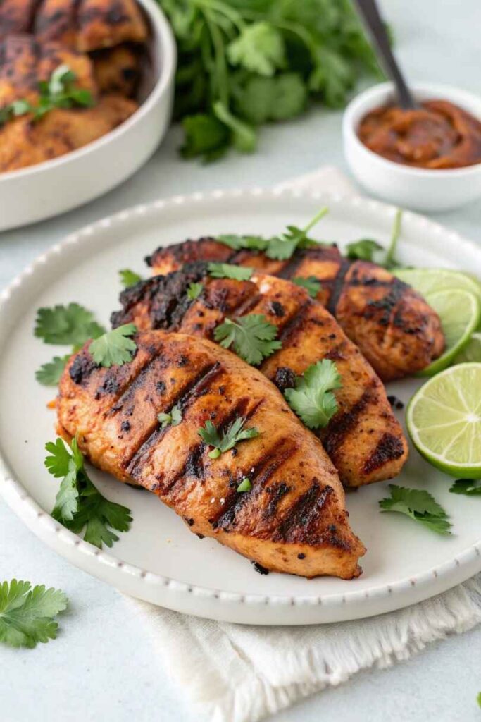 Juicy grilled chipotle chicken thighs with char marks on rustic wood table
