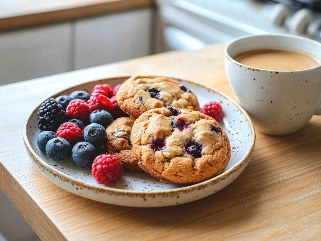anana bread cookies on a plate with coffee and fresh fruit