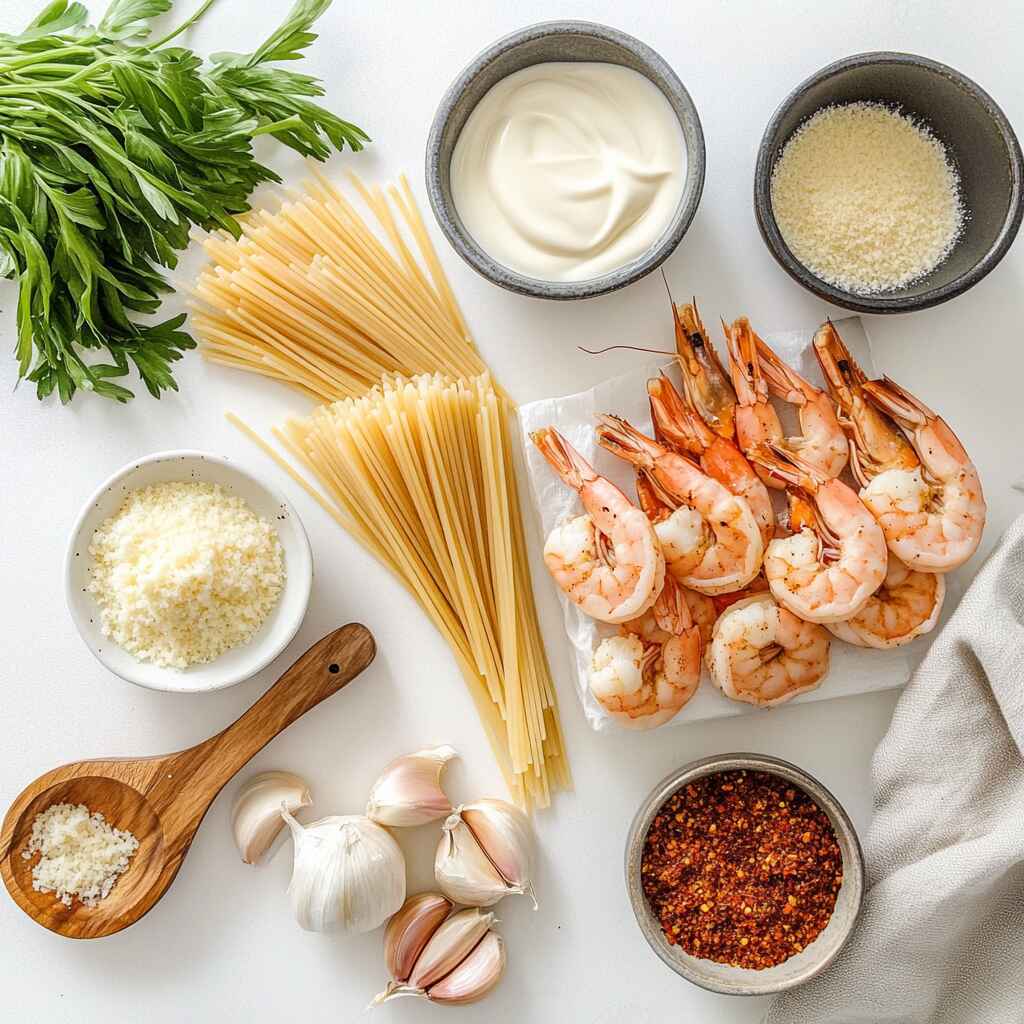 : Raw ingredients for Cajun shrimp Alfredo pasta laid out