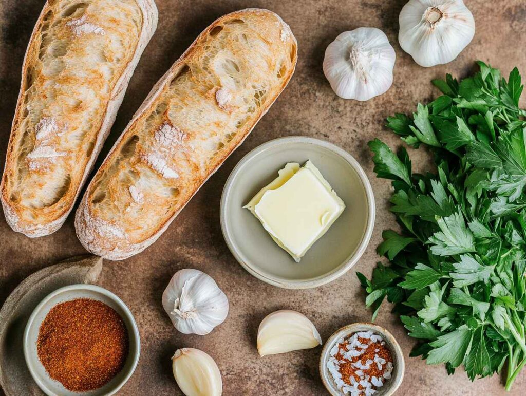 Flat lay of Cajun garlic bread ingredients including butter, garlic, and seasoning