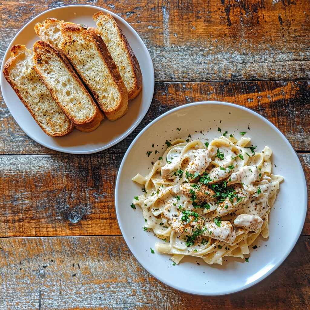 Sliced Cajun garlic bread served beside a plate of Cajun chicken Alfredo pasta
