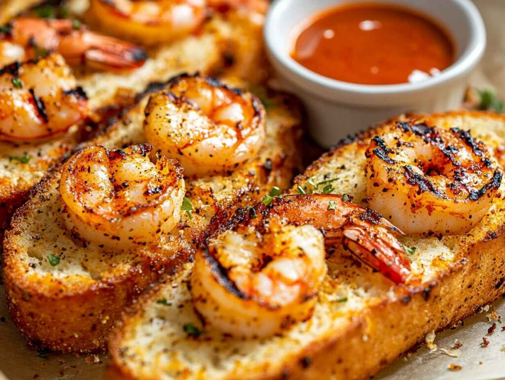 Cajun garlic bread next to grilled shrimp and dipping sauce