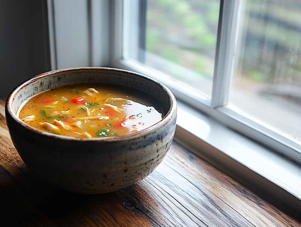 Cajun chicken soup on a wooden table near a sunlit window