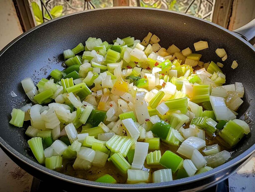 Onions, celery, and bell peppers being sautéed