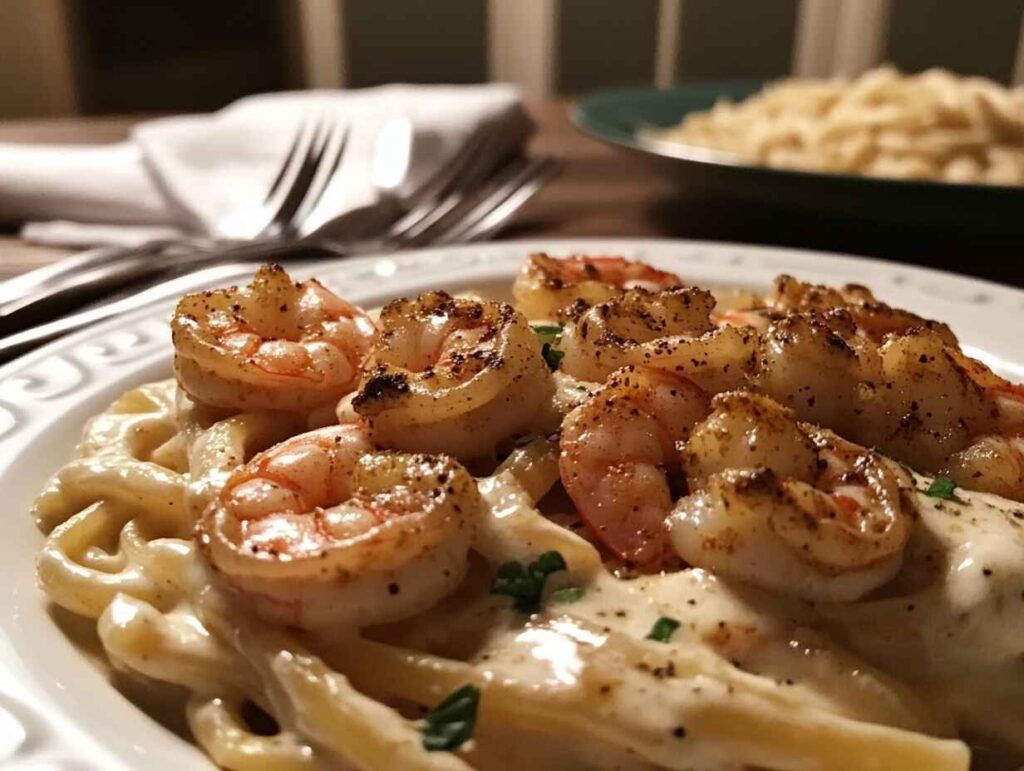 Warm Cajun shrimp Alfredo pasta on a dinner table