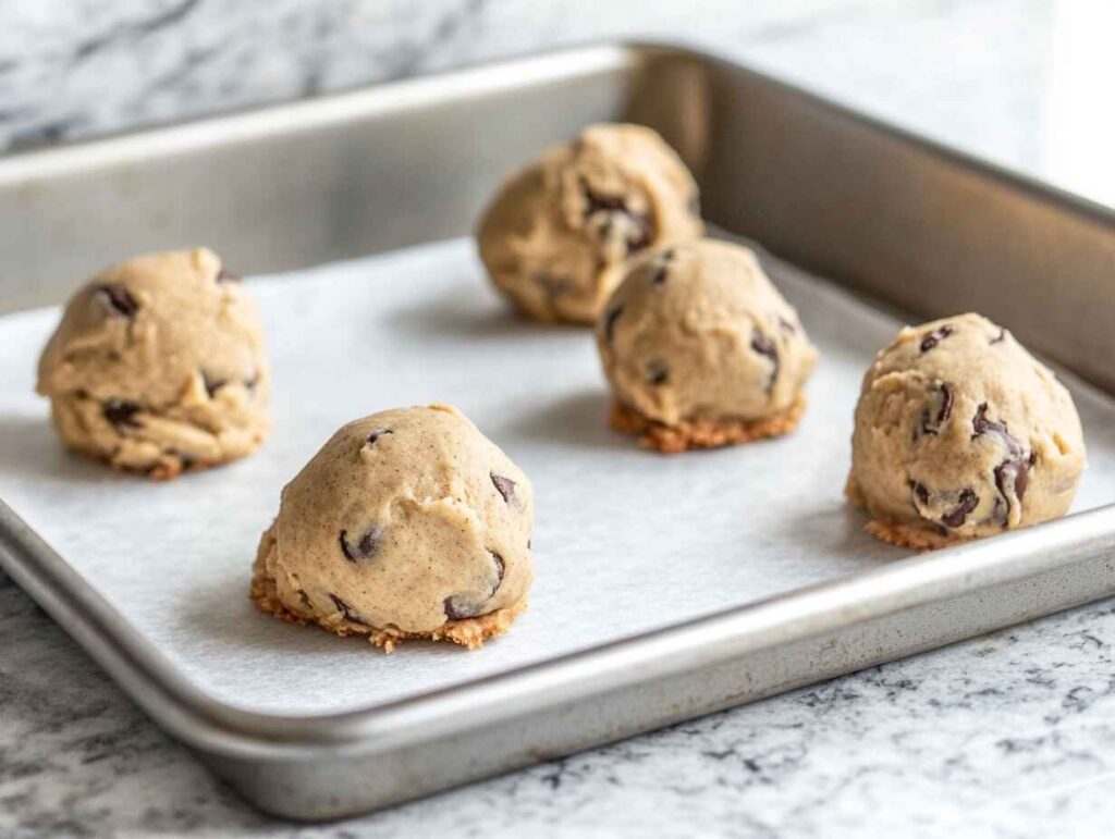 Banana cookie dough scooped onto a baking tray