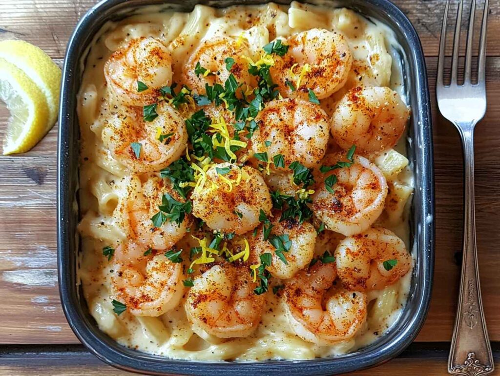 Finished Cajun shrimp Alfredo pasta with garnish