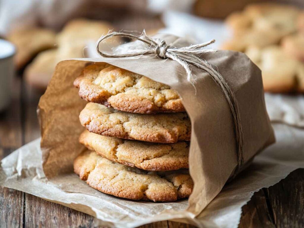 Stack of homemade banana bread cookies wrapped in rustic parchment paper – ideal for a banana bread cookies recipe gift or treat