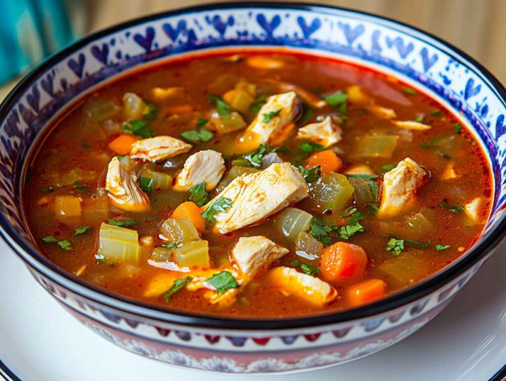 Finished bowl of Cajun chicken soup with vegetables