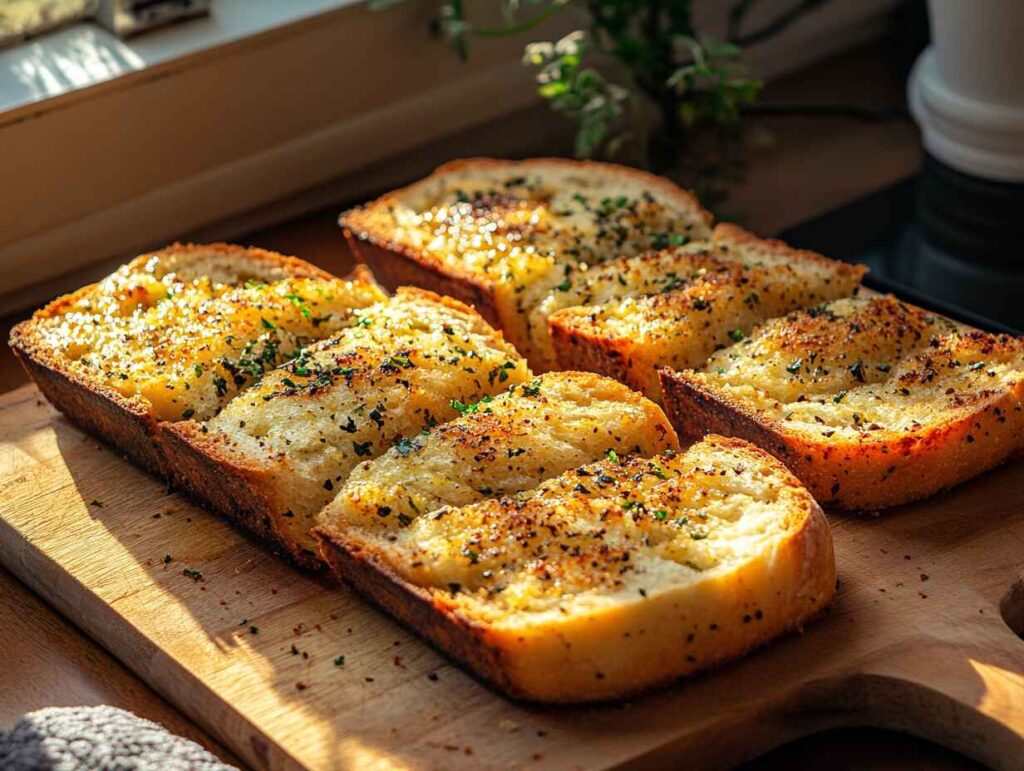Homemade Cajun garlic bread sliced and arranged on a wooden board