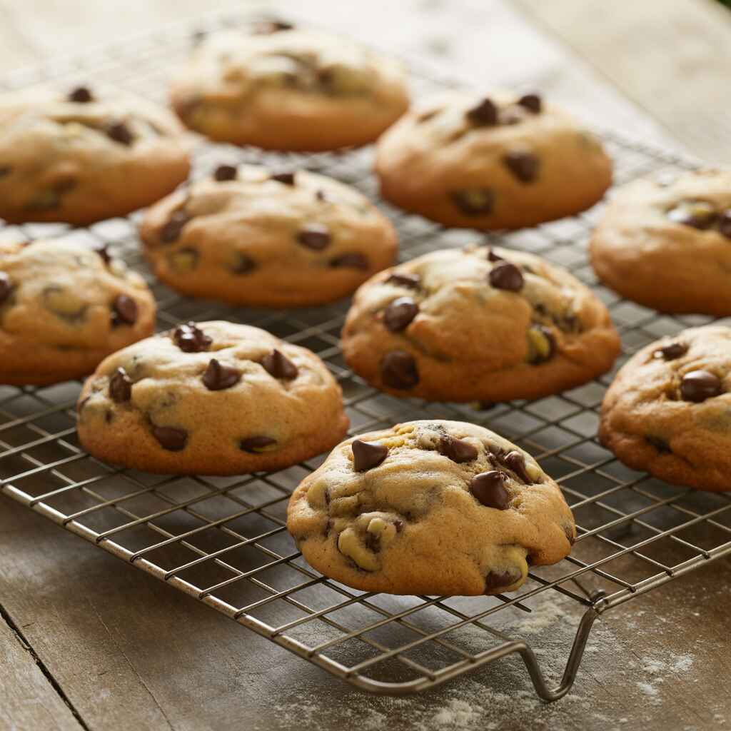 Freshly baked banana bread cookies with chocolate chips cooling on a wire rack