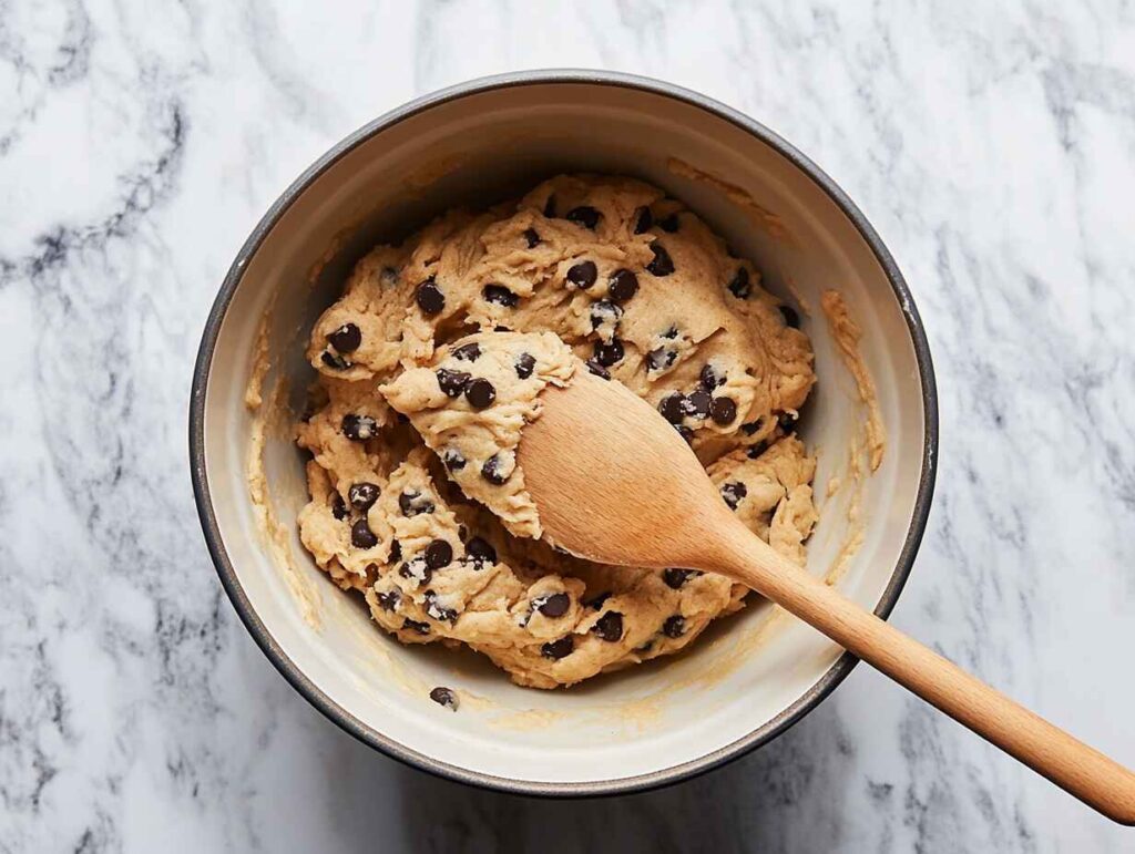 Chocolate chips being folded into cookie dough