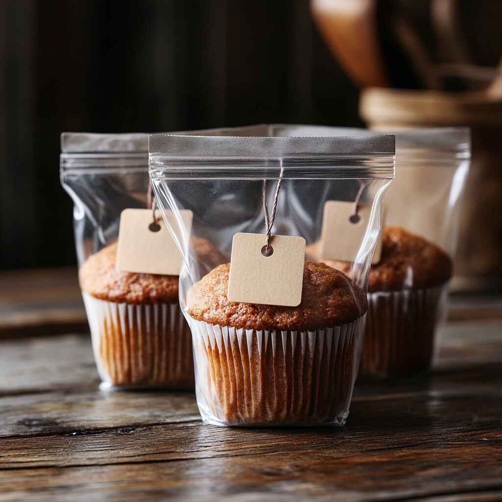 Muffins wrapped and stored in labeled freezer bag