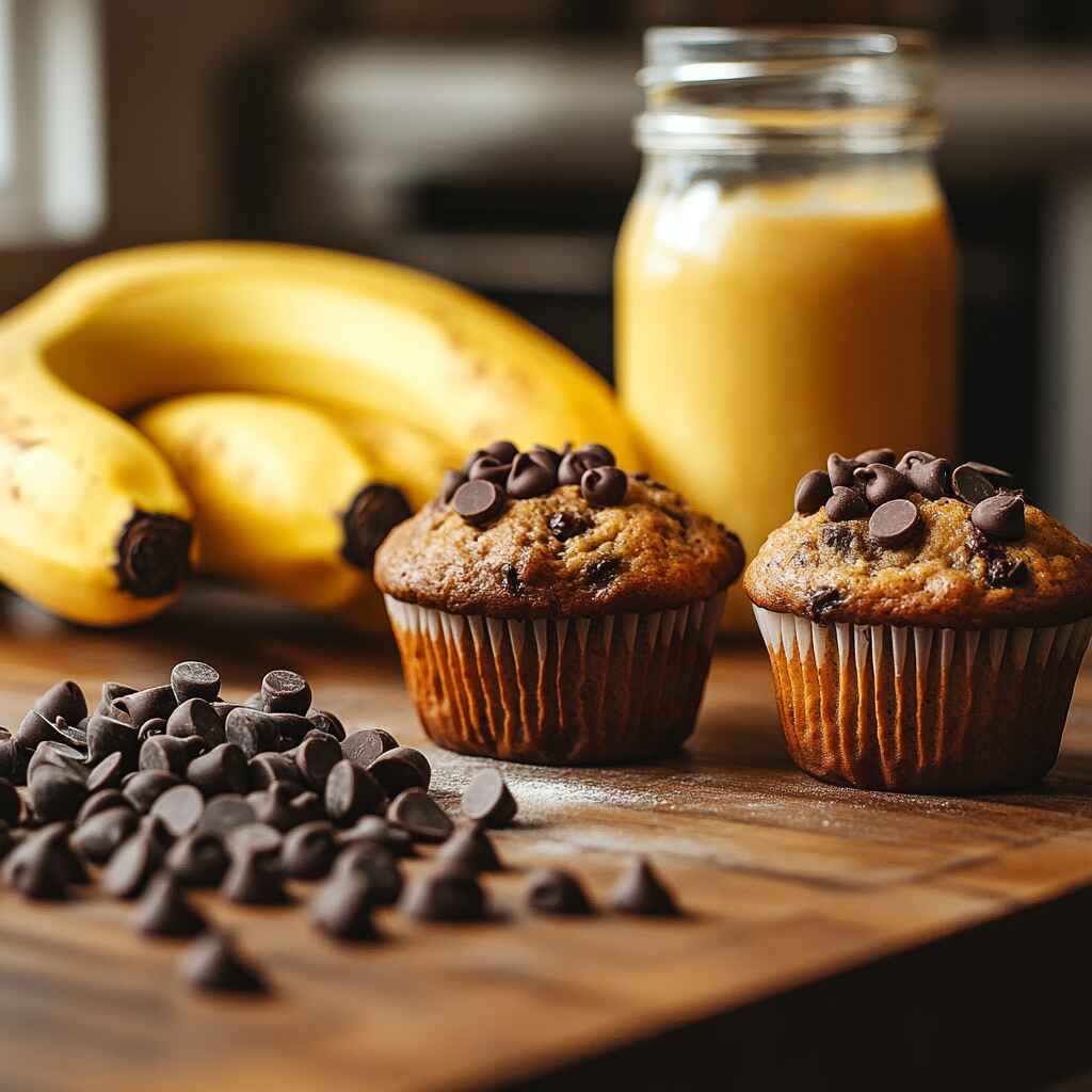 Muffins on plate with bananas, sourdough jar, and chocolate in the background