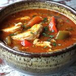 A rustic bowl of Cajun chicken soup with garnish