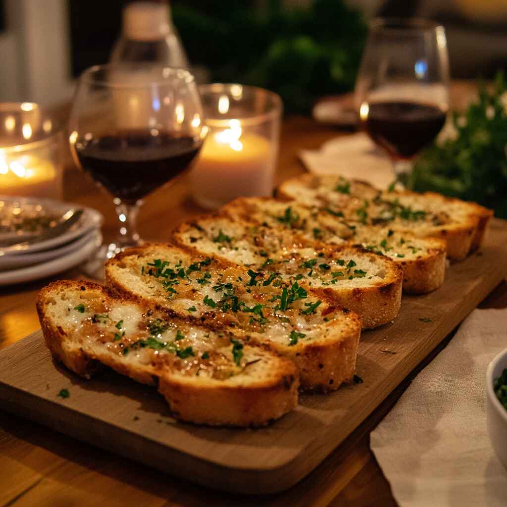 Cajun garlic bread being served at family-style dinner