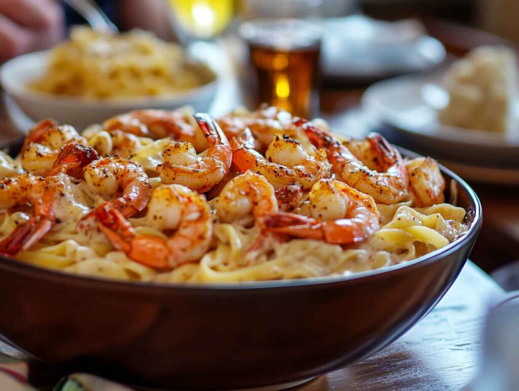 Cajun shrimp Alfredo pasta served family-style