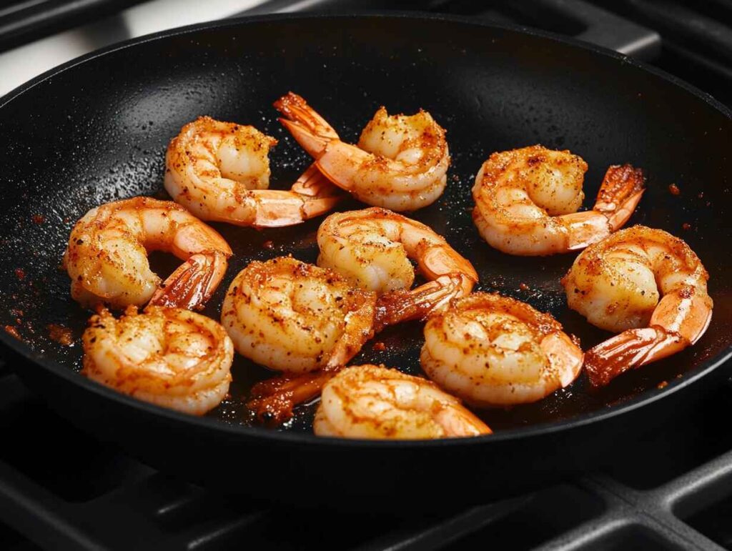 Cajun-seasoned shrimp sizzling in a skillet