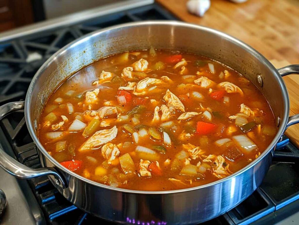 Cajun chicken soup simmering on a stovetop