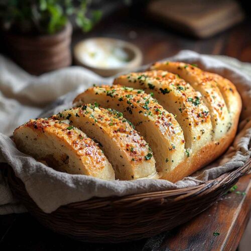 Close-up of Cajun garlic bread with golden crust in a basket