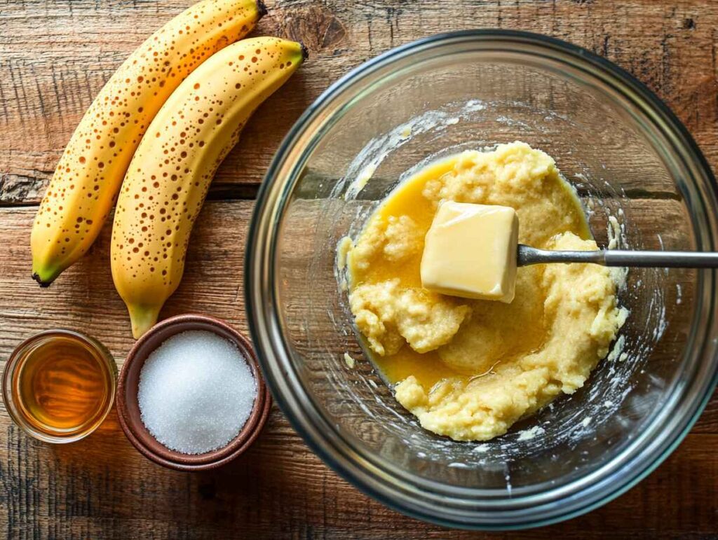Banana mixture with butter, sugar, and vanilla being stirred
