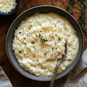 Creamy pastina served in a white bowl with a spoon