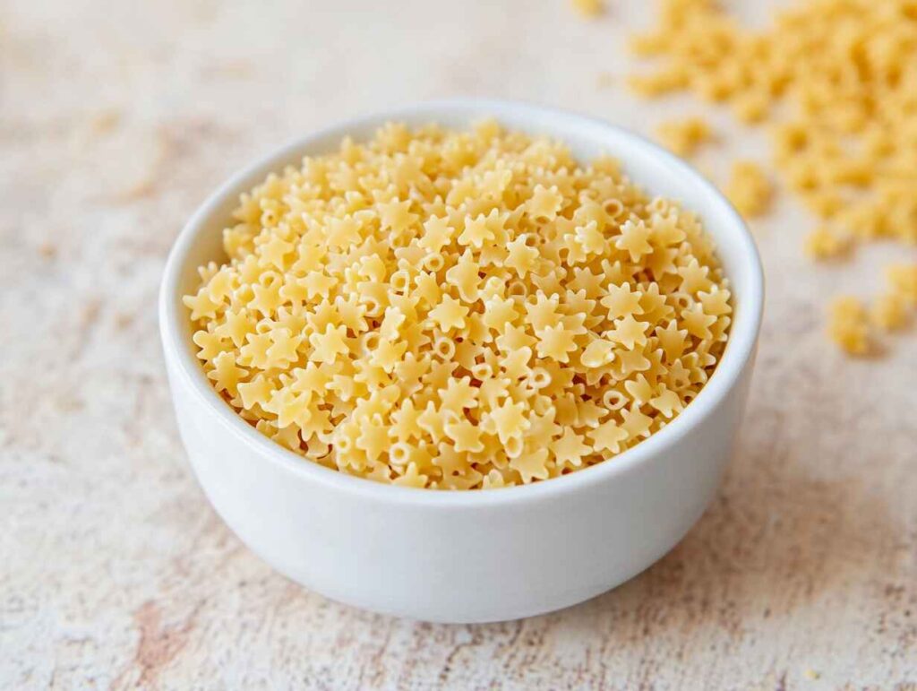 A bowl filled with raw pastina pasta on a light background