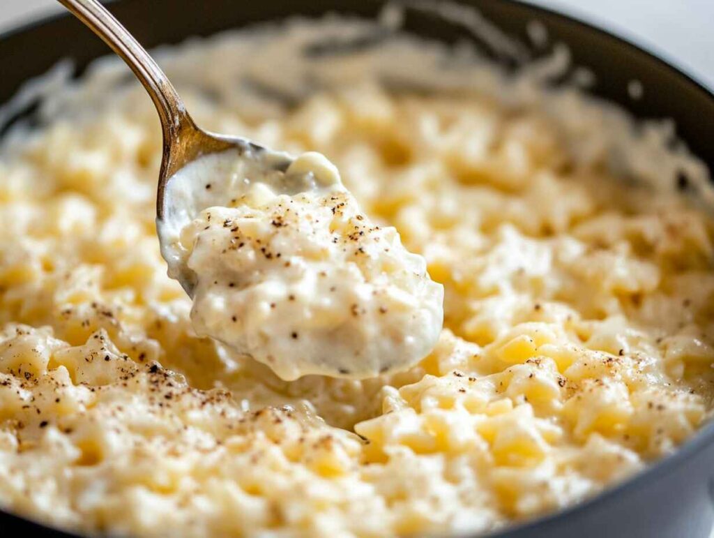 Spoon scooping creamy cooked pastina from the pot