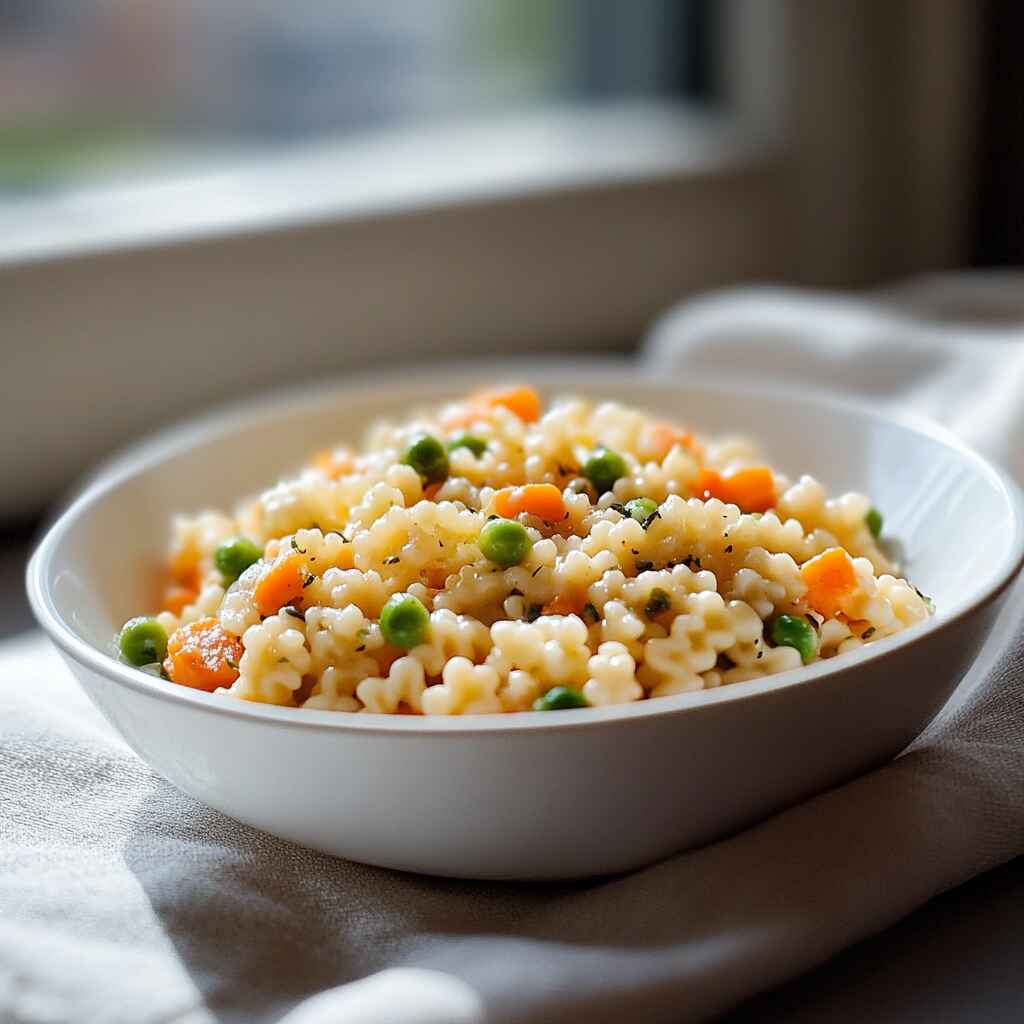 Bowl of pastina with carrots and peas