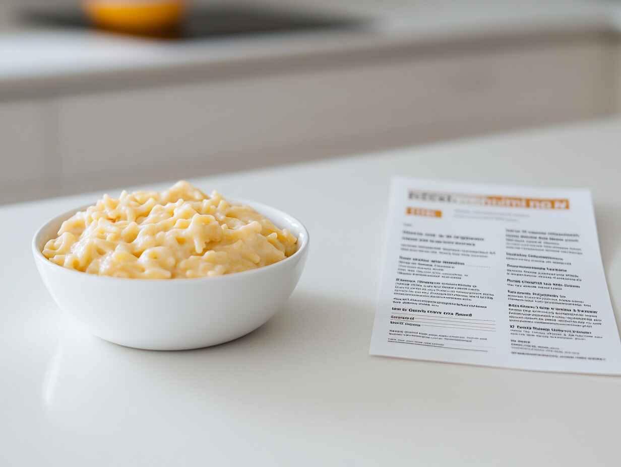 Nutritional facts of a pastina recipe displayed beside a bowl