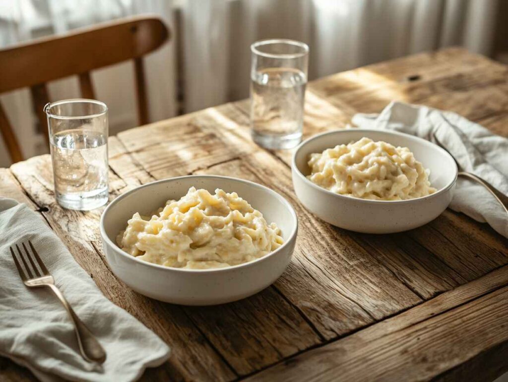 Two bowls of pastina on a cozy wooden dinner table