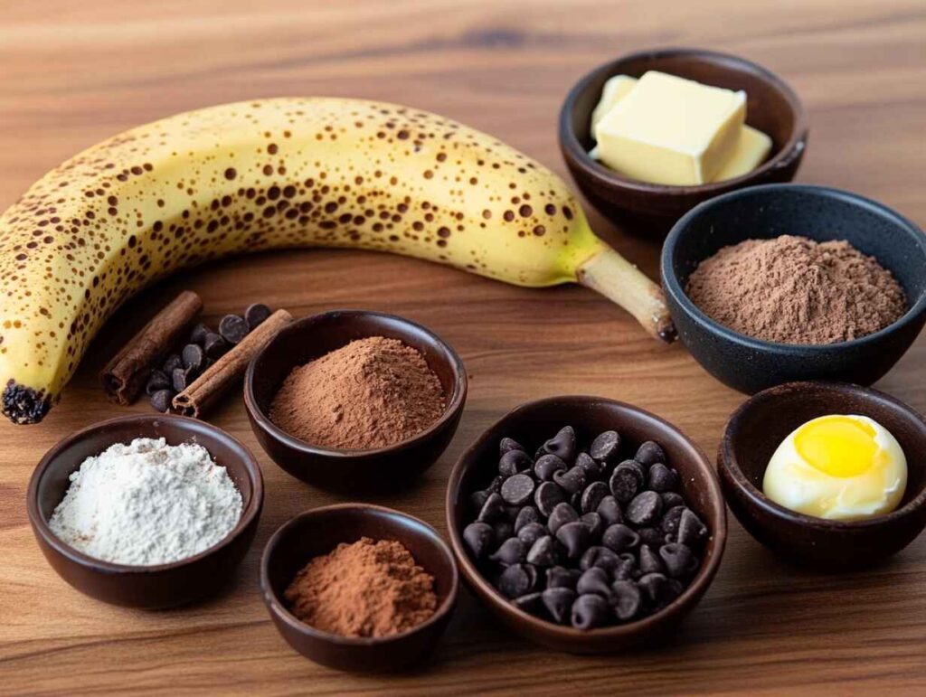 Ripe banana with butter, flour, and baking tools on a counter