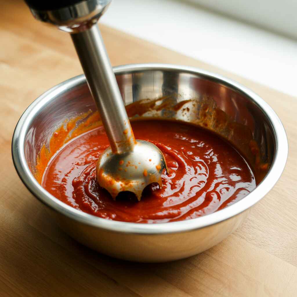 Hand blender mixing green hot sauce in a bowl