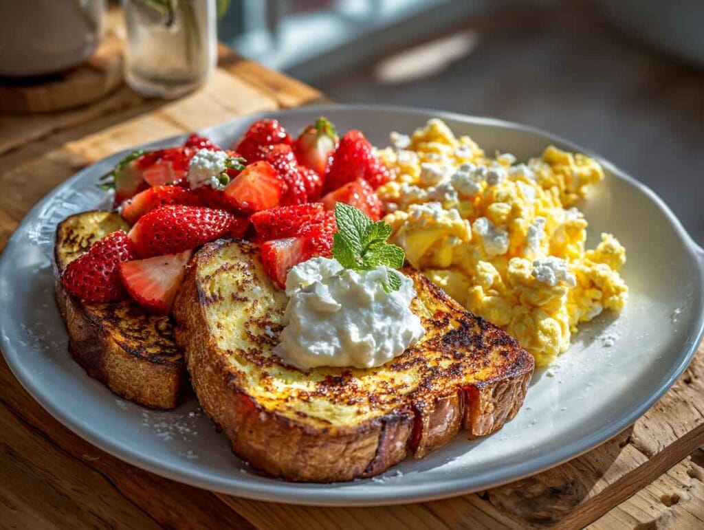 French toast recipe served with eggs, fresh fruit, and creamy yogurt