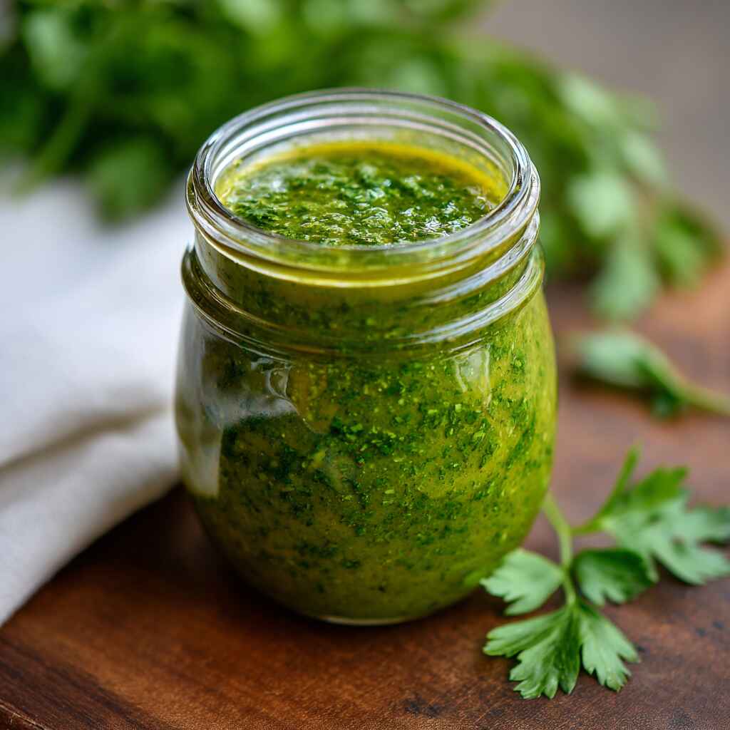 Homemade green hot sauce in a glass jar with lime