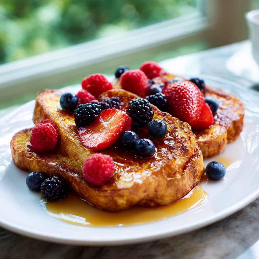 Classic French toast slices stacked with maple syrup