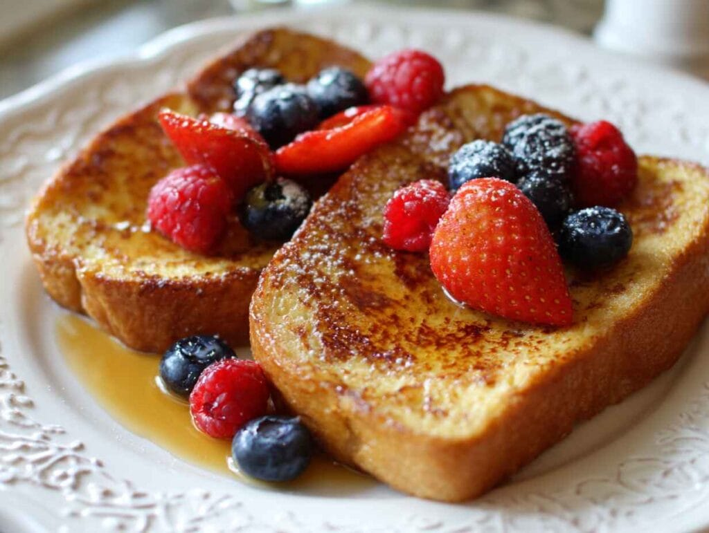 Classic French toast slices stacked with maple syrup