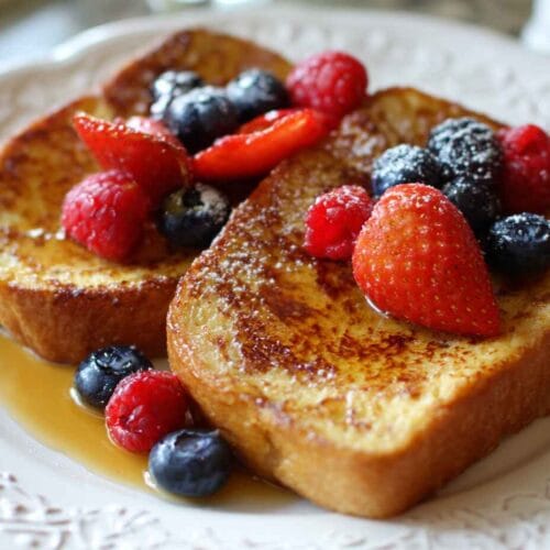Classic French toast slices stacked with maple syrup