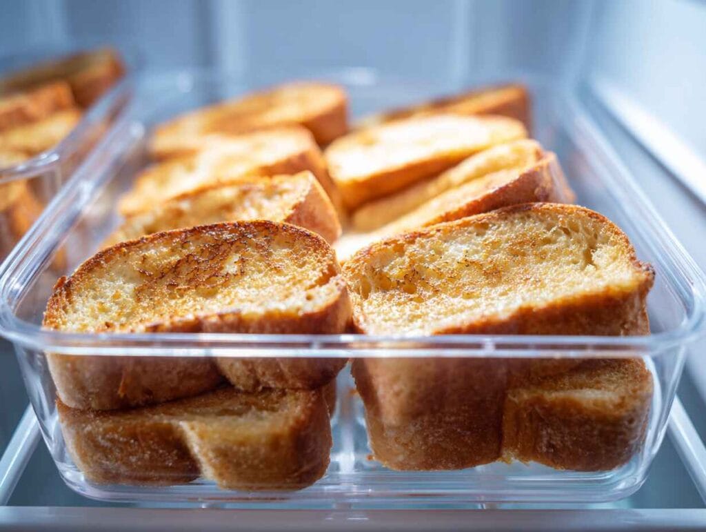 French toast slices stored in an airtight container