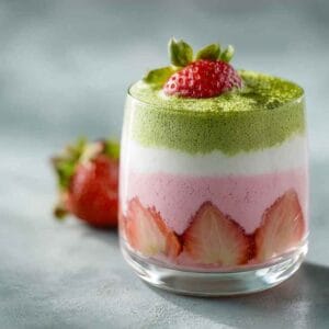 Aesthetic strawberry matcha in glass cup