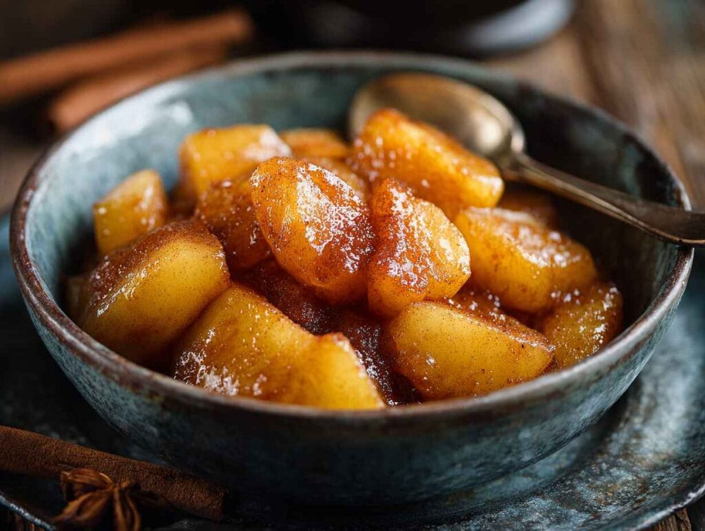 fried cinnamon apples in a bowl ready to serve