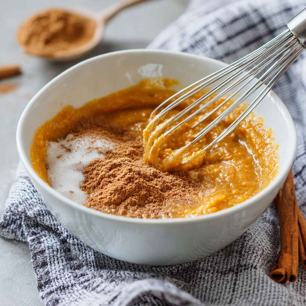whisking vegan pumpkin pie filling in a glass bowl